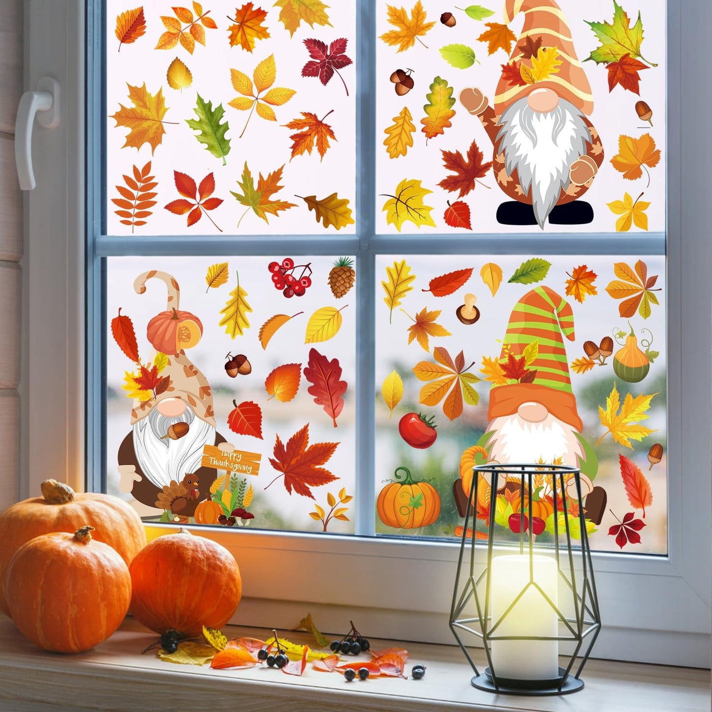Pedel Fall Gnome Window Clings 93Pcs Thanksgiving Autumn Leaves Decals