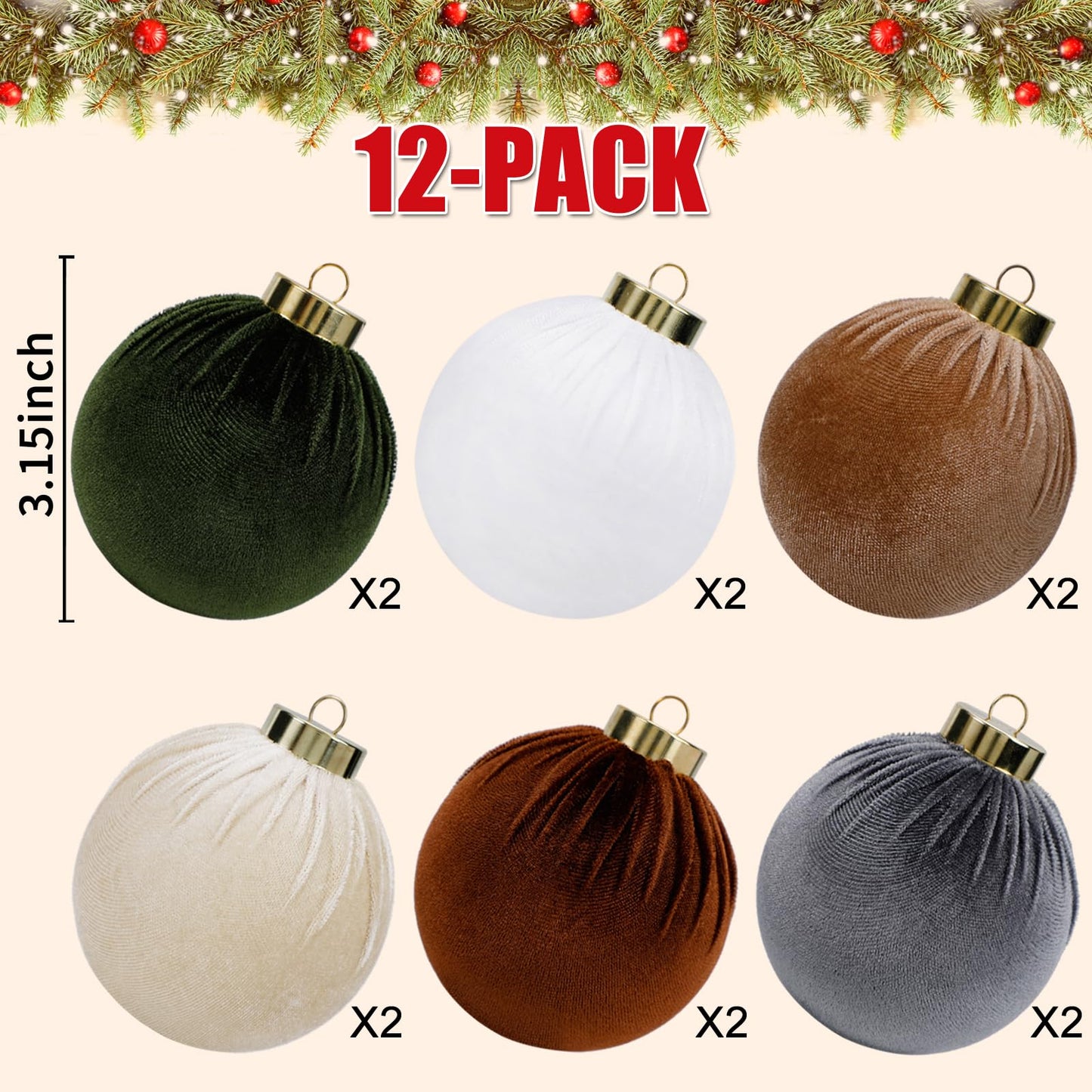 SUPREME XMAS 12 Pcs Velvet Christmas Ornaments Set 80mm Multi Color