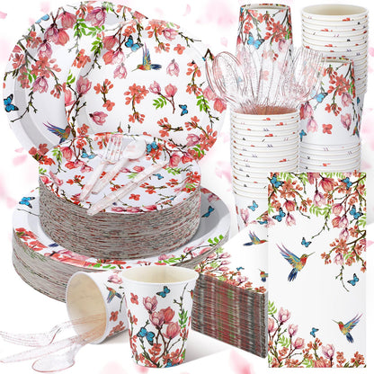Sinmoe 400 Pcs Spring Plates Napkins Disposable Dinnerware Set Multicolor Bird
