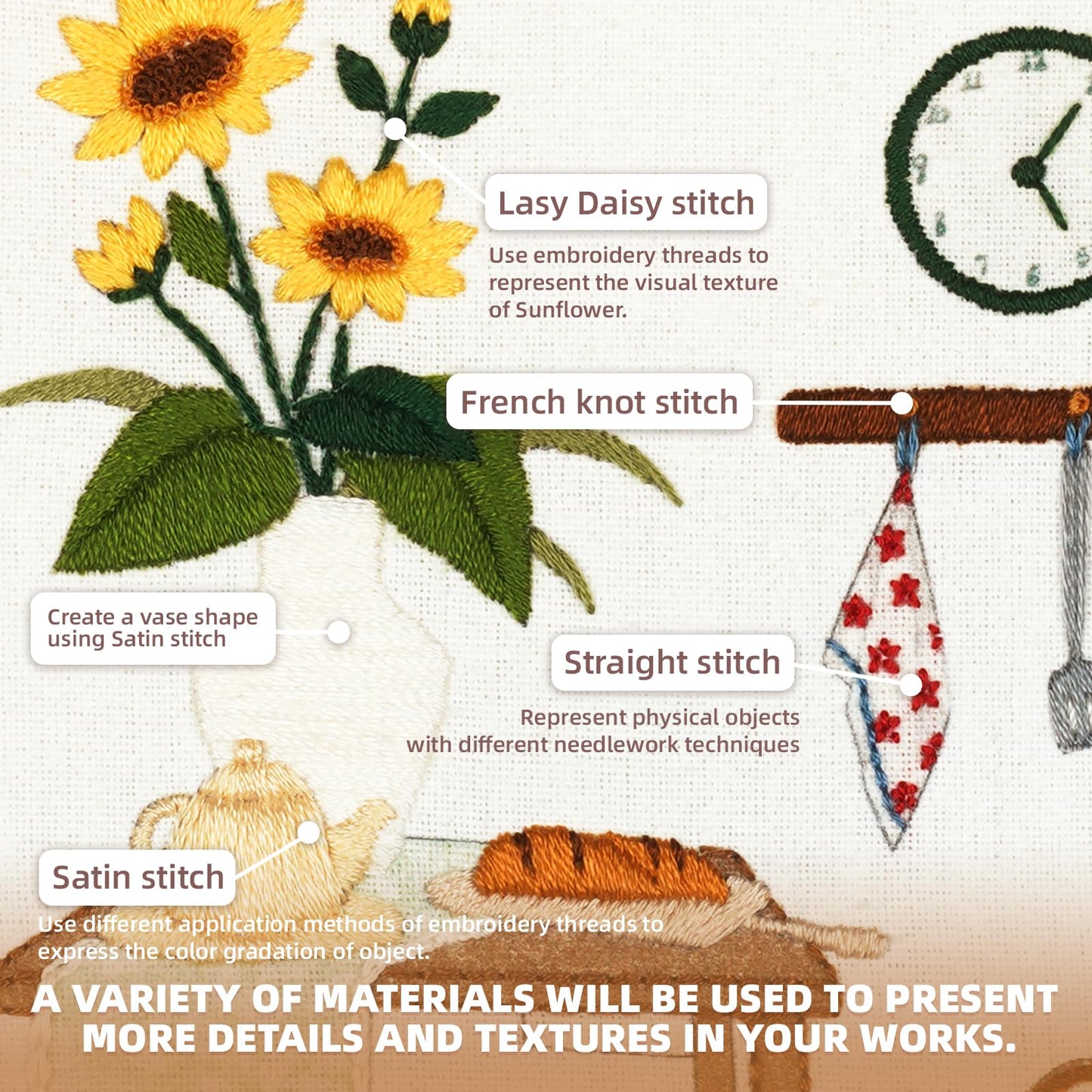4 Pack Beginner Embroidery Kits DIY Starter Kit w Hoop Threads Tools