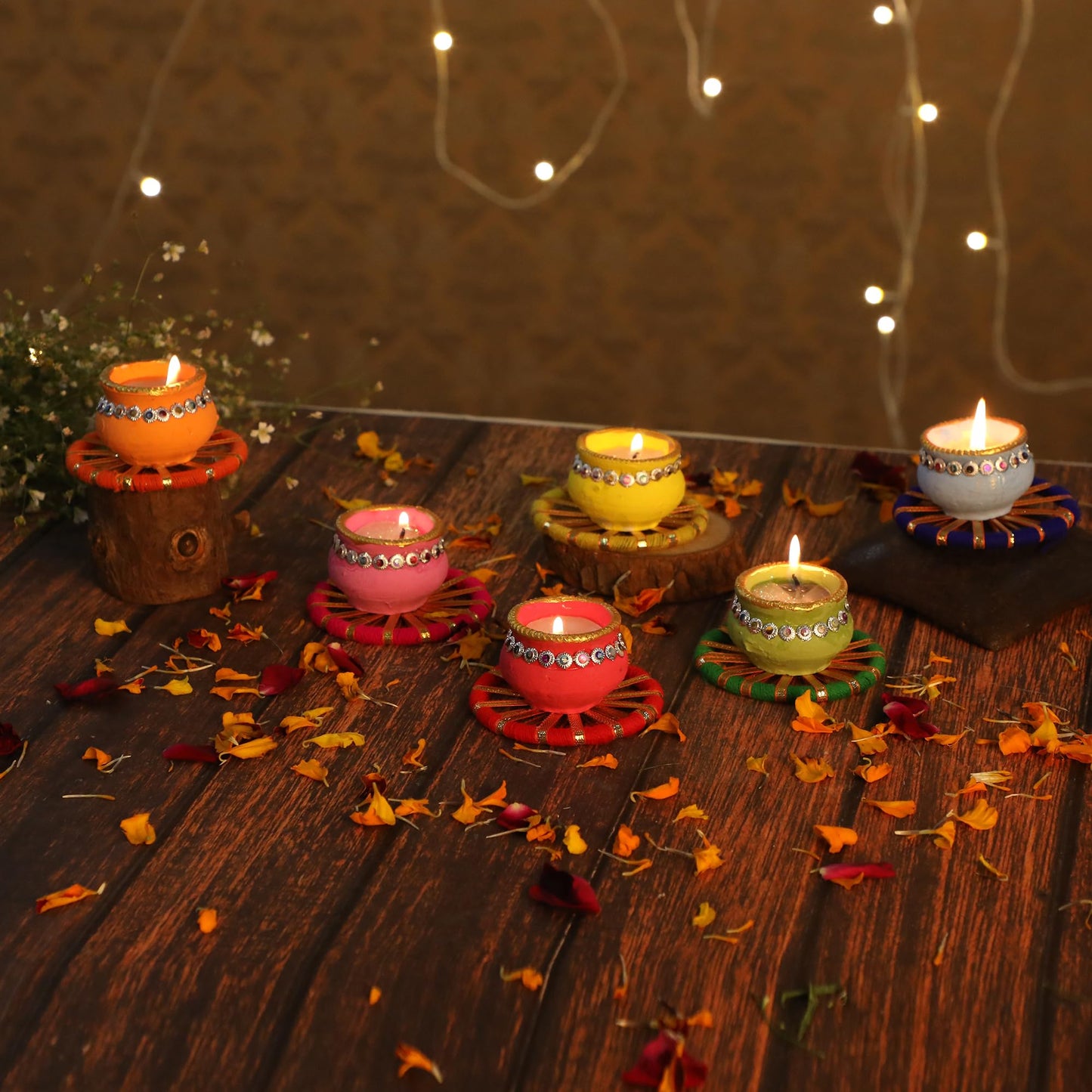 4OUR FAITH Matki Wax Filled Diya Set Handpainted Terracotta 6 Pc Multicolor
