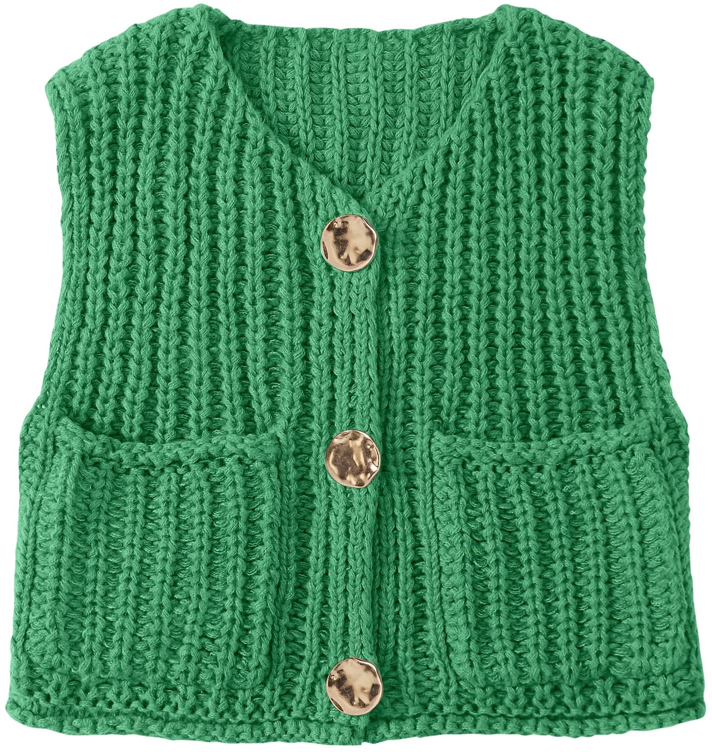 UEU Women's V Neck Crochet Sweater Vest Sleeveless Cardigan Green Size M
