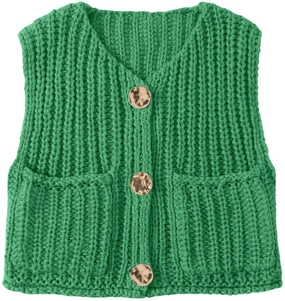 UEU Women's V Neck Crochet Sweater Vest Sleeveless Cardigan Green Size M