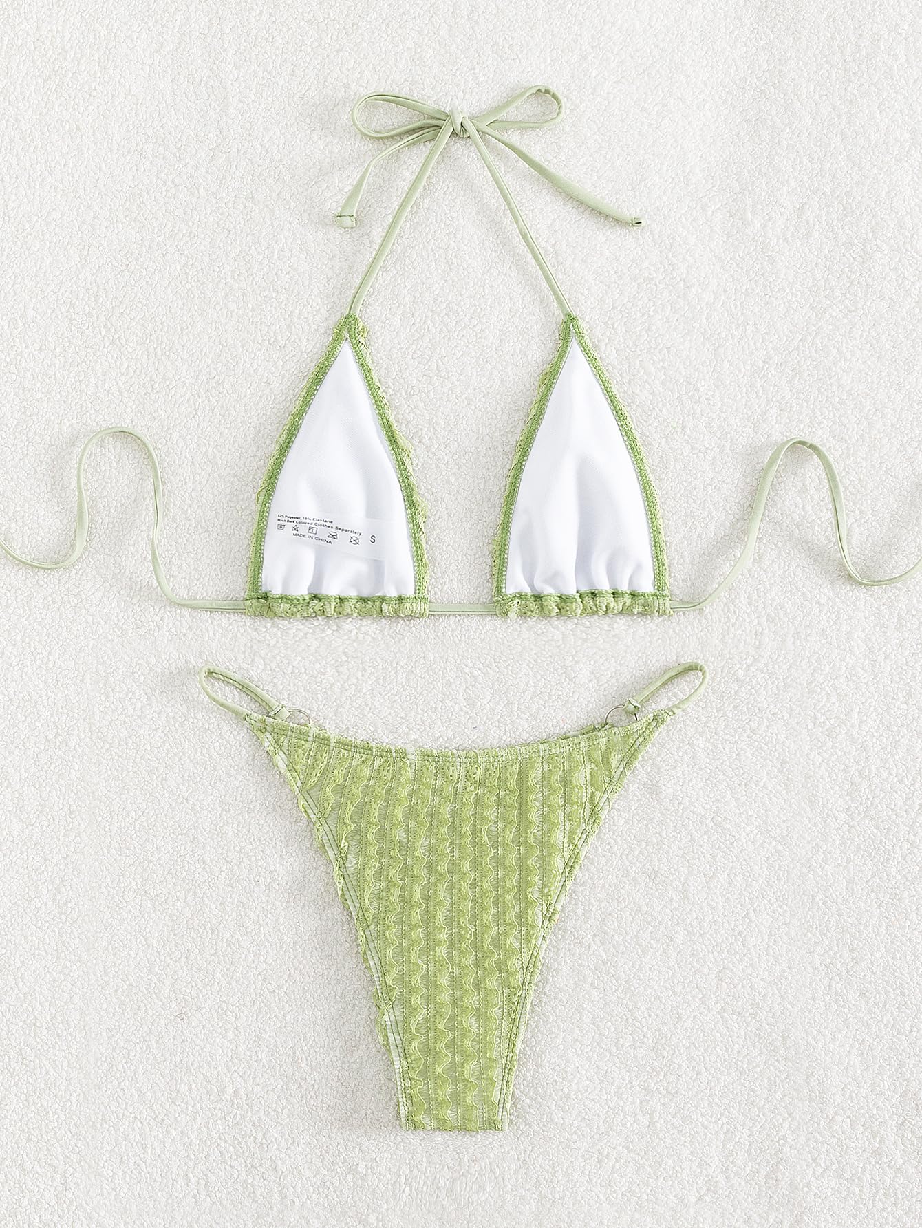 GORGLITTER Women's Lace Bikini Set Halter Triangle Thong Green Frill Size XL