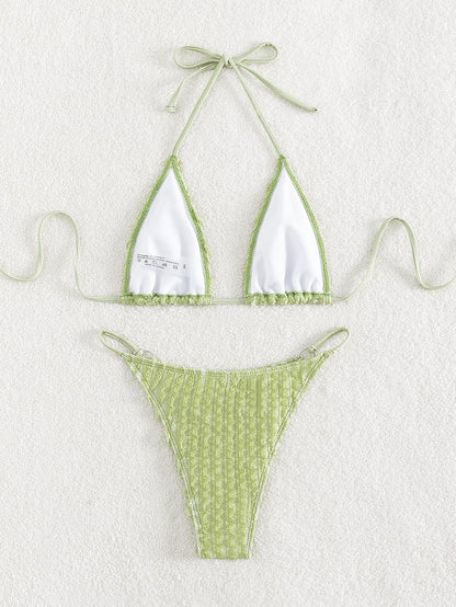 GORGLITTER Women's Lace Bikini Set Halter Triangle Thong Green Frill Size XL