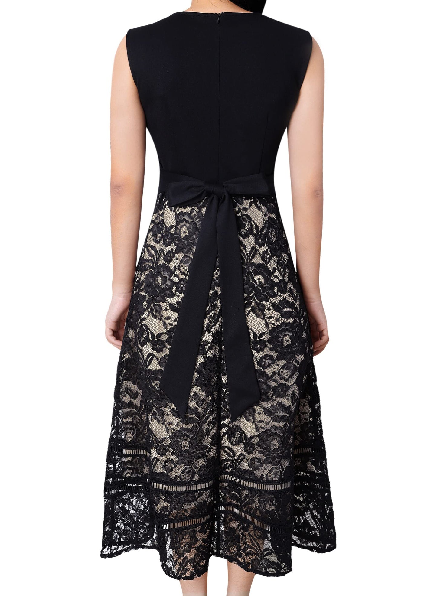 VFSHOW Womens Black Lace Tie Waist Front Zipper Slim A-Line Dress Size L