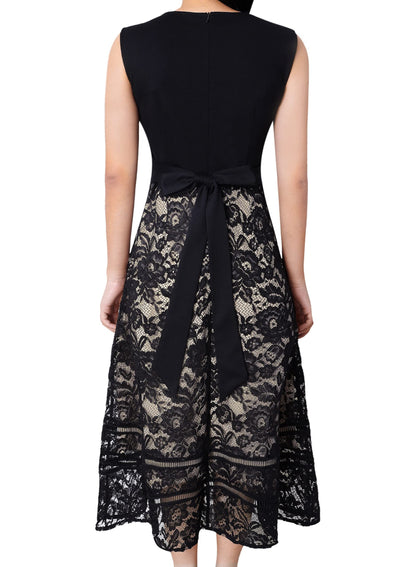 VFSHOW Womens Black Lace Tie Waist Front Zipper Slim A-Line Dress Size L