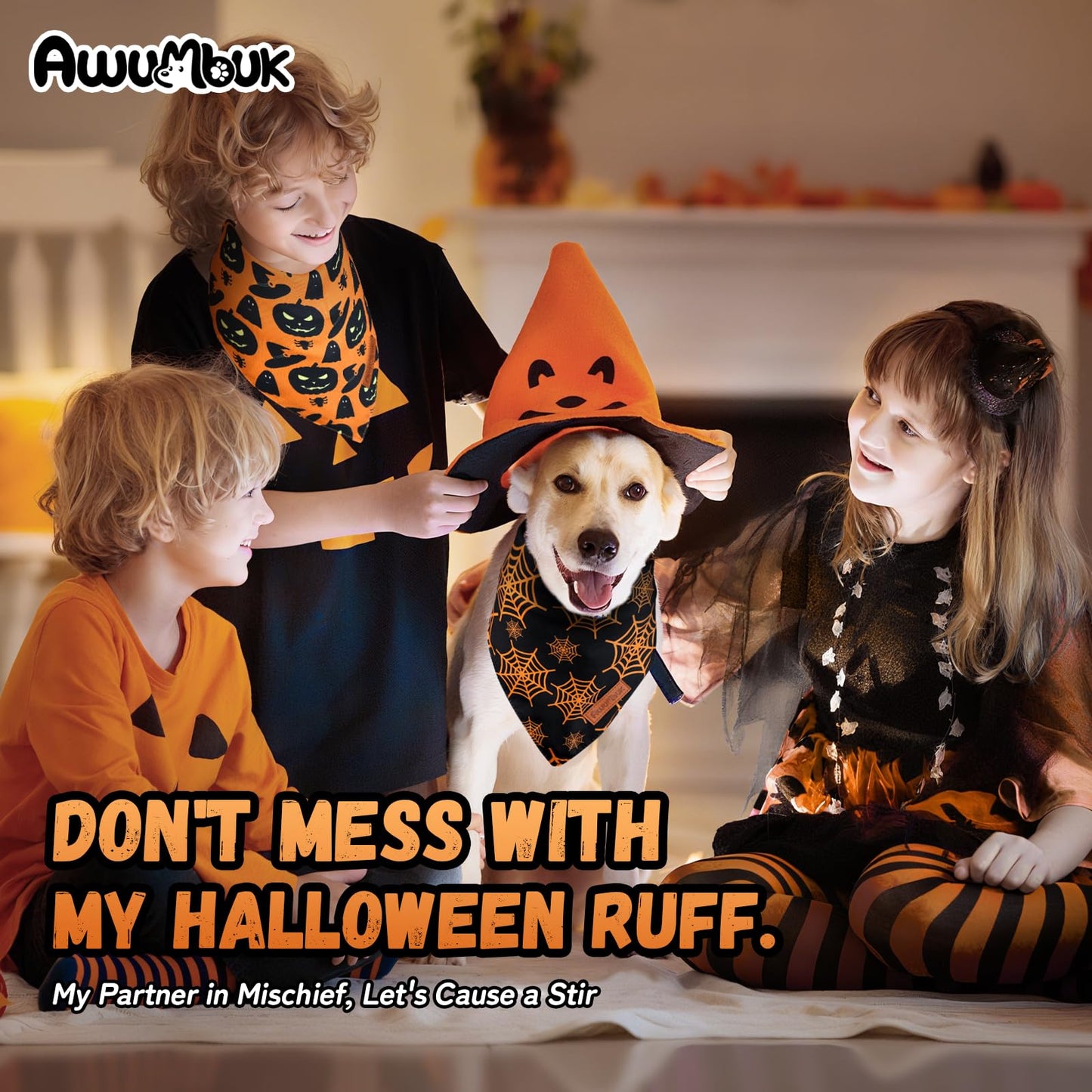 Awumbuk Halloween Dog Bandanas 2 Pack Reversible Pumpkin Spider Web Black