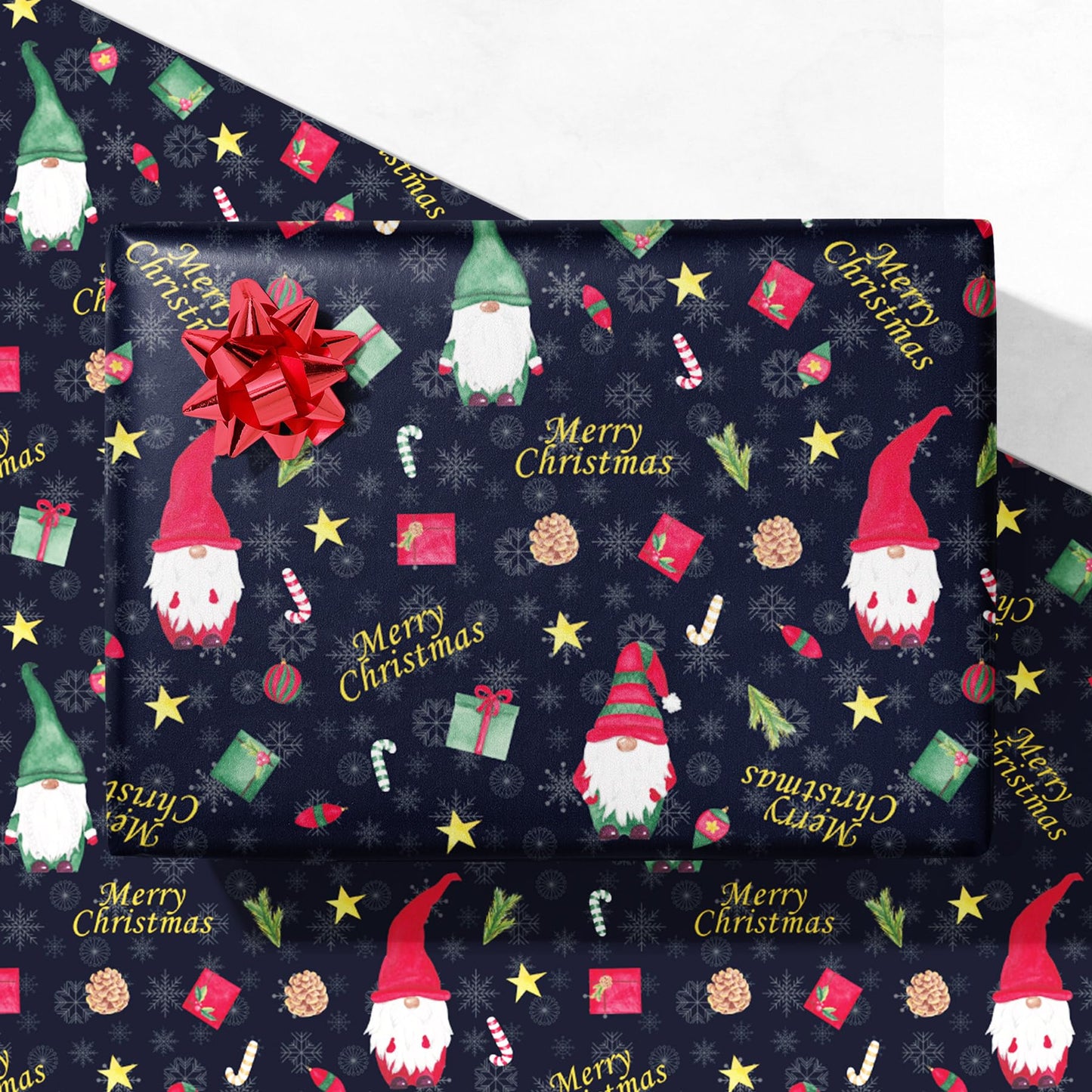 GIOLNIAY Gnome Christmas Wrapping Paper Navy Blue 4 Jumbo Sheets 28x40