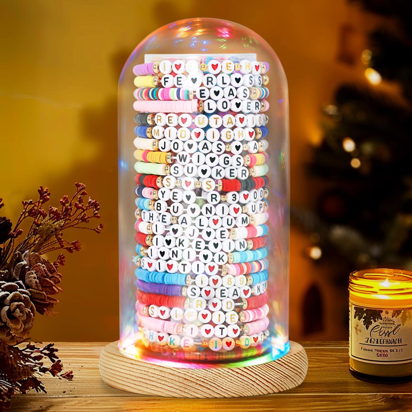 Aolamegs Friendship Bracelets Organizer with Lights Transparent Rustic Wood Base