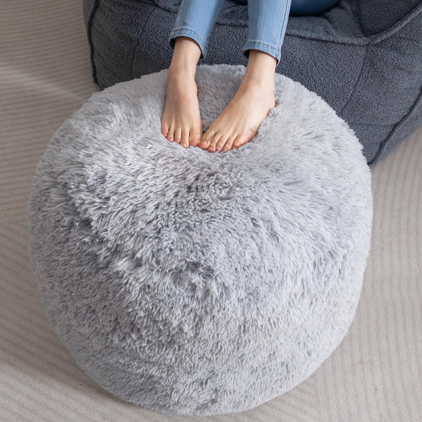 HIGOGOGO Round Faux Fur Stuffed Pouf Ottoman 26x18 Light Grey