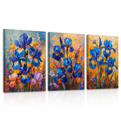 HTTART Blue Iris Flower Oil Painting Wall Art Van Gogh Style 12x16 Set of 3