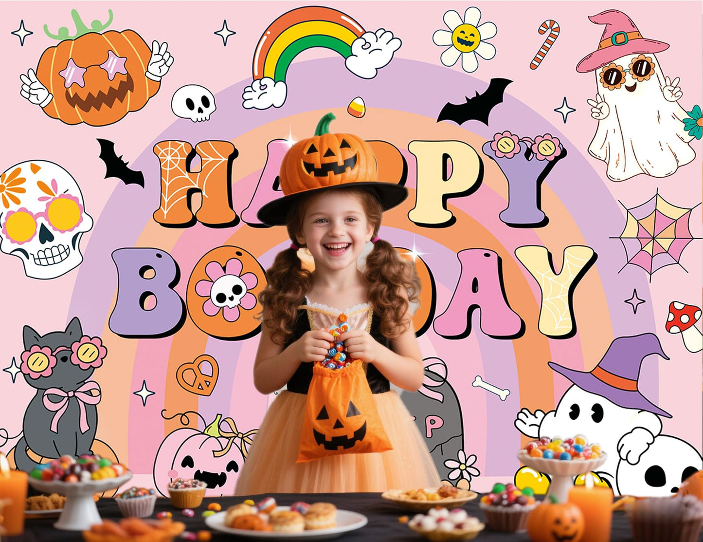 CUMIA Groovy Happy BooDay Banner Backdrop 6x4FT Boho Rainbow Ghost Halloween