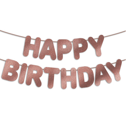 JunyRuny Pre-Strung Happy Birthday Banner Rose Gold Glitter Party Decor
