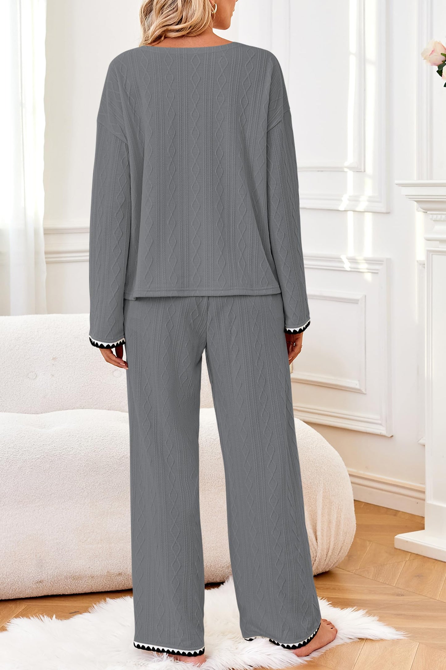 GUOLEZEEV Two Piece Lounge Set Soft Pajama Long Sleeve Pant Gray Size L