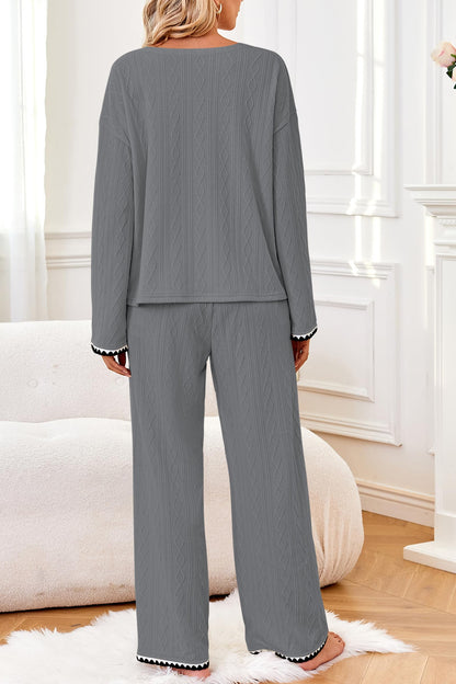 GUOLEZEEV Two Piece Lounge Set Soft Pajama Long Sleeve Pant Gray Size L