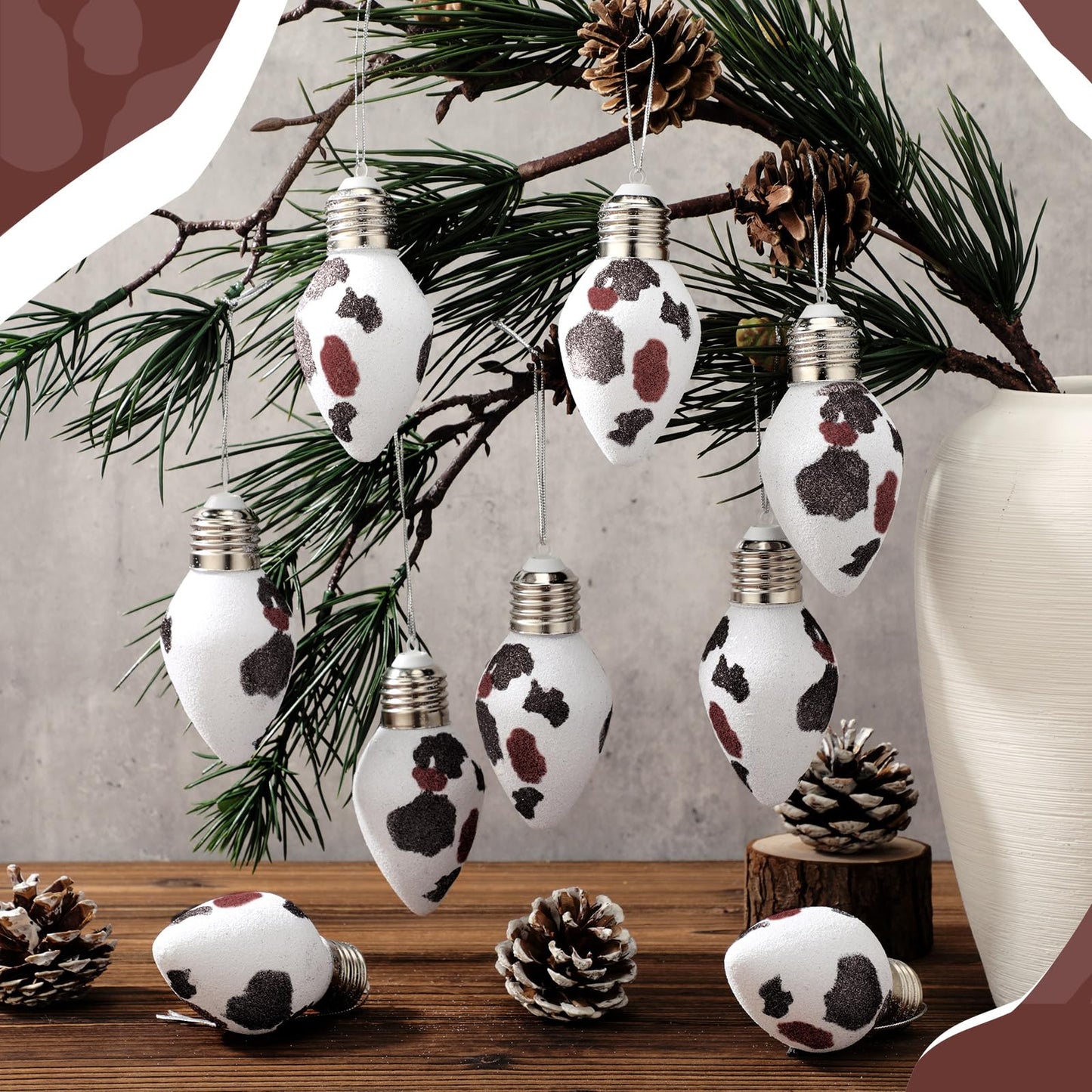 Simgoing 24 Pcs Cow Print Christmas Ornaments 3.15'' Rustic Western Decor