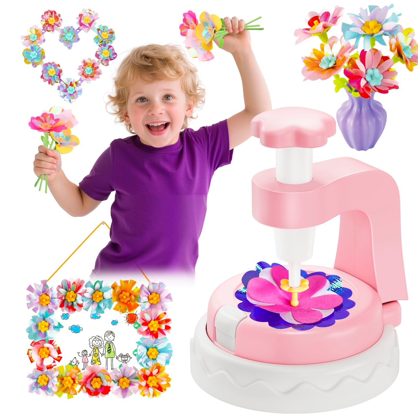 Kingci Fabric Flower Bouquets DIY Kit 117PCS Pink Creative Craft Set