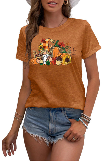 MAIHUN Womens Thanksgiving Shirt Cute Gnomes Pumpkin Fall Short Sleeve Size S