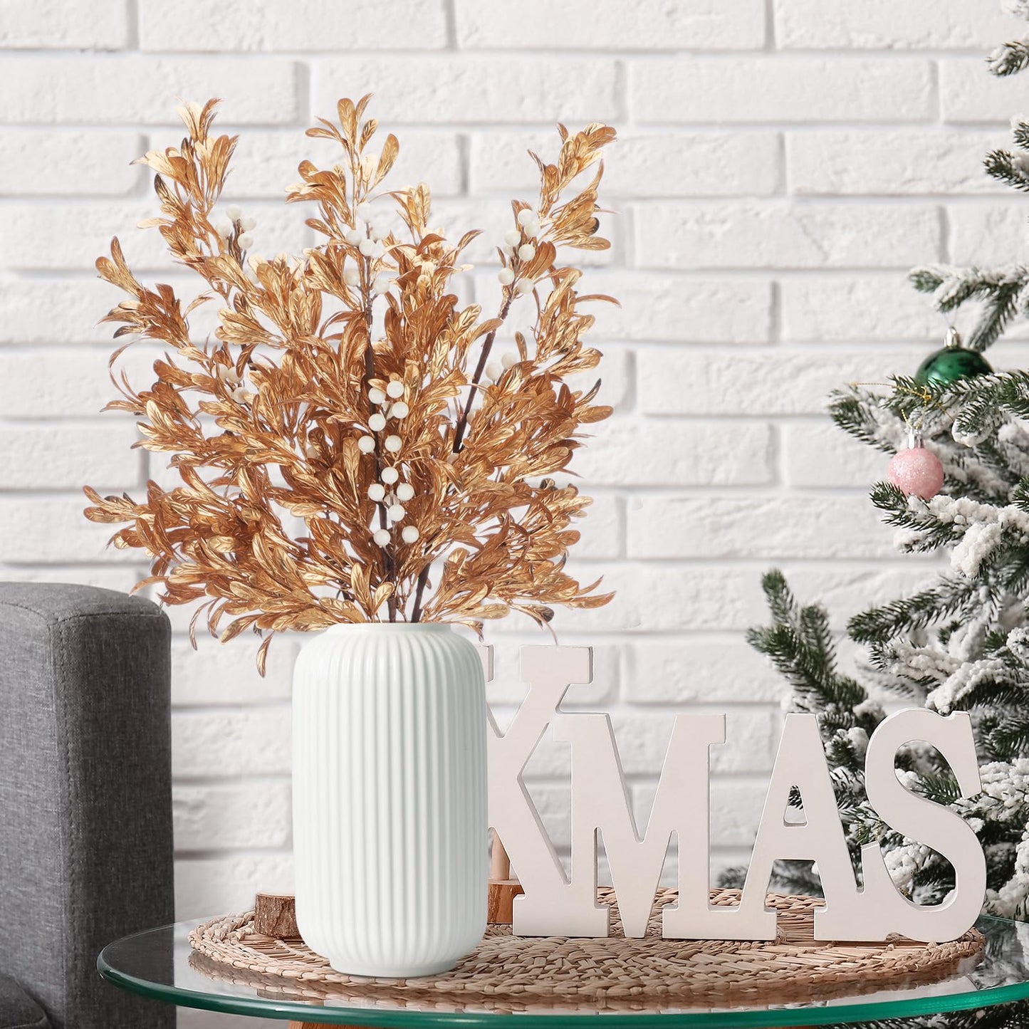 Giegxin 3 Pcs 30" Gold Leaf Christmas Tree Picks with White Berry