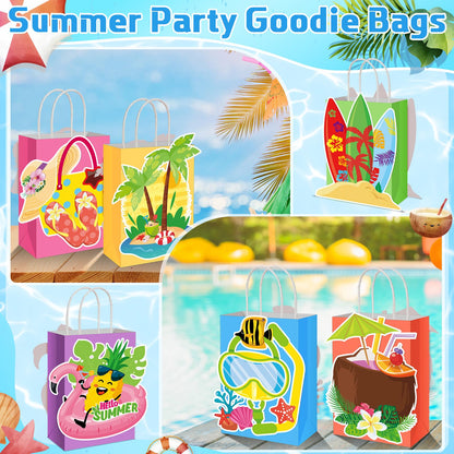 MotiMind 24 Pcs Hawaiian Luau Beach Party Paper Bags with Handles Multicolor