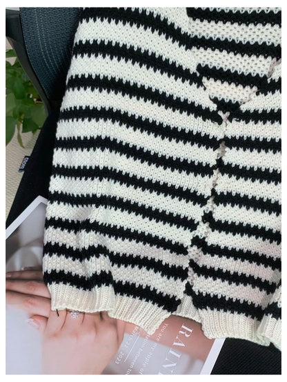 SOLY HUX Women's Striped V Neck Sweater Vest Sleeveless Cardigan Black Beige S
