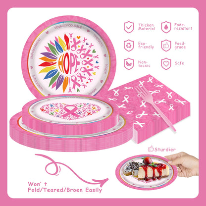 Detanpoly 96pcs Breast Cancer Awareness Pink Ribbon Plates Napkins Forks Set