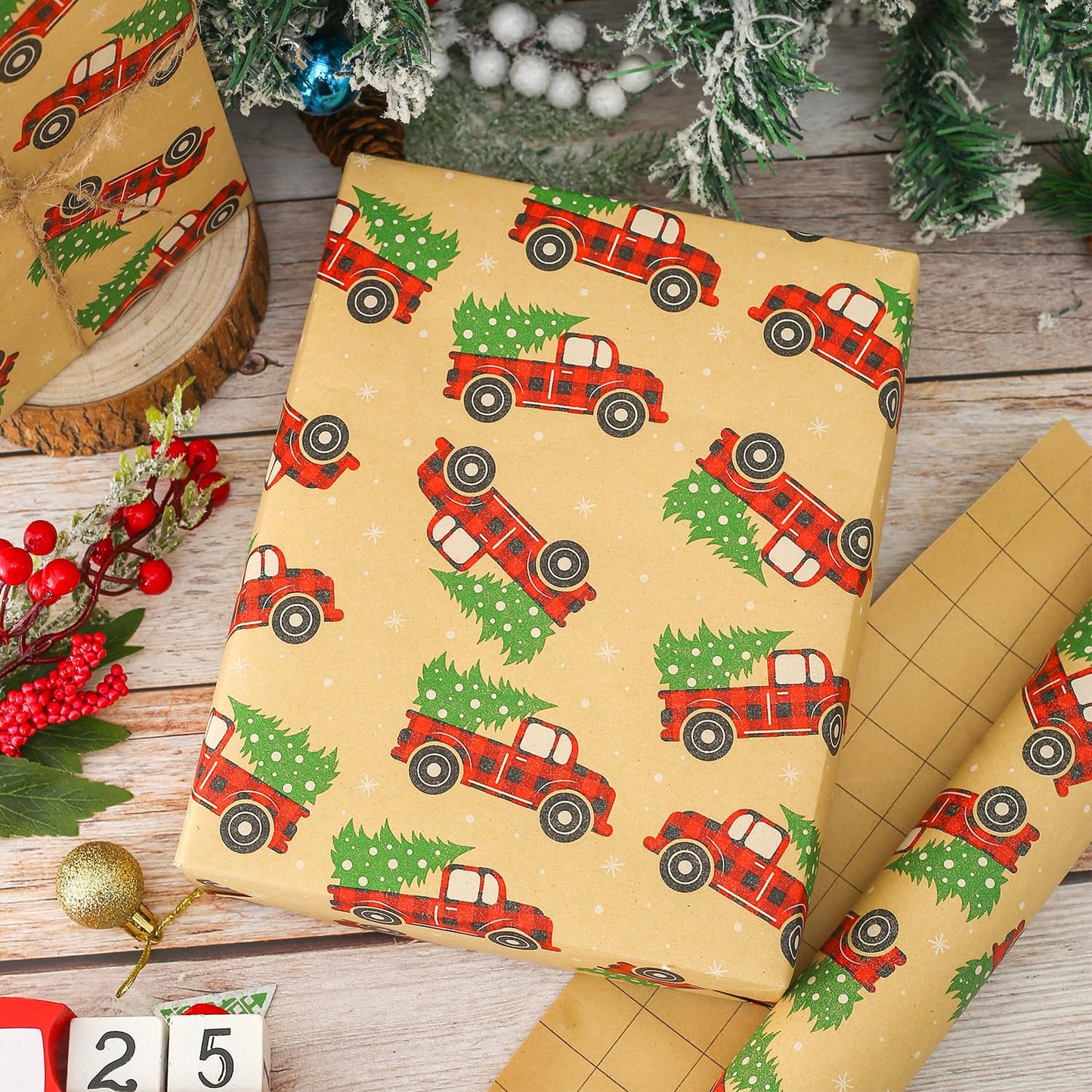 CAMKUZON Kraft Christmas Wrapping Paper Roll Vintage Red Black Plaid 17.4 Inch