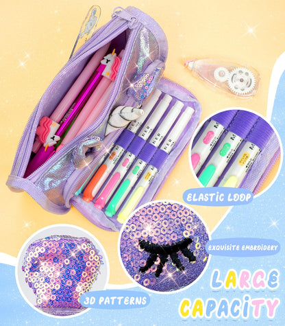 LISEVO 3D Sparkly Pencil Case Purple Cute Sequin Pencil Pouch Girls Kids