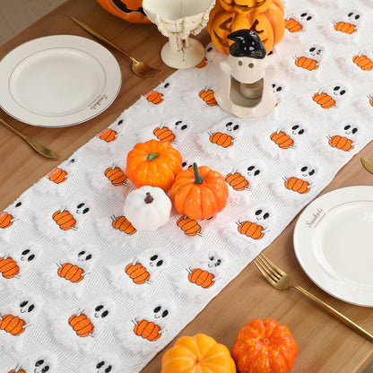 Frienda Fall Ghost Pumpkin Table Runner Ivory Plush 13x72 Inch