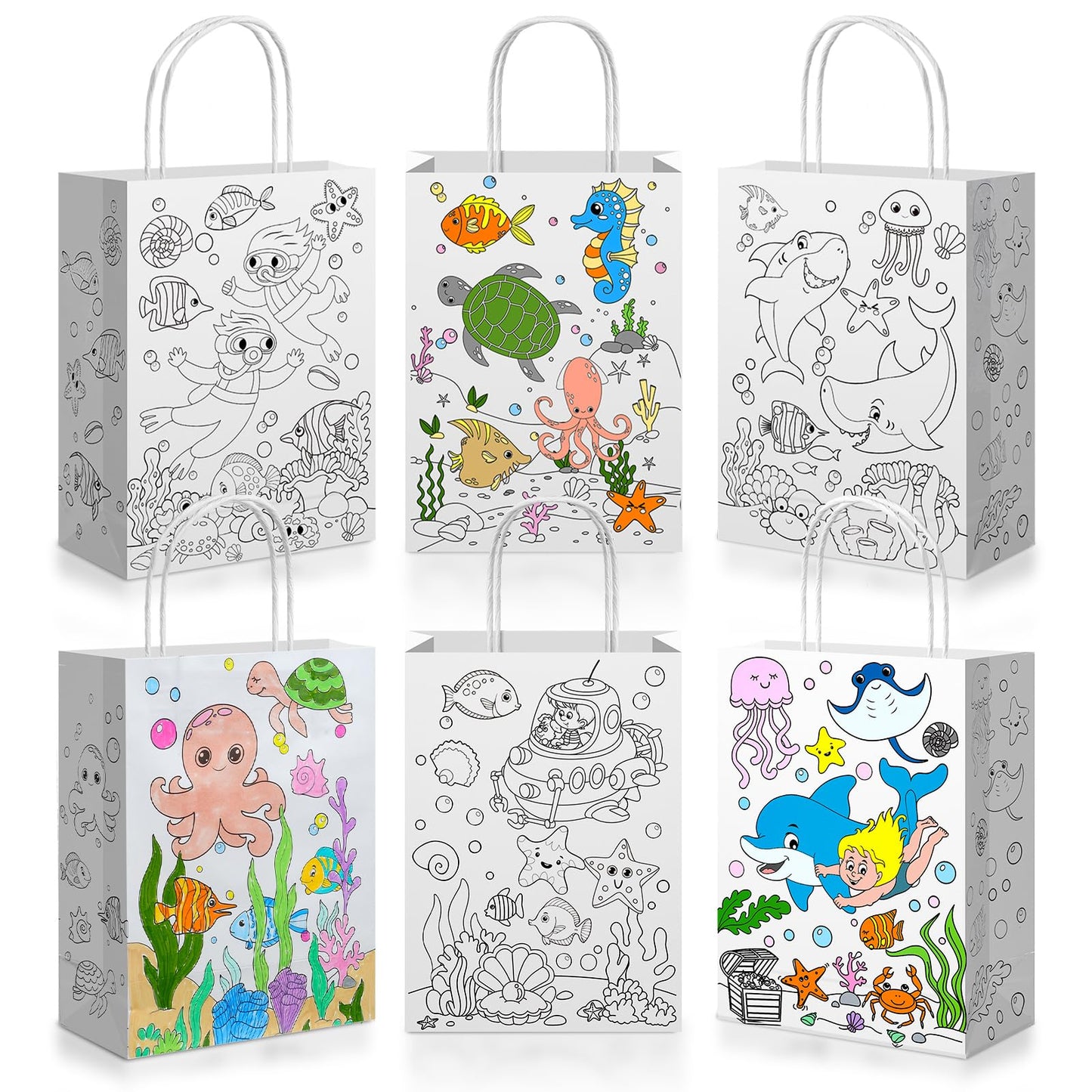 Yaomiao 24 Pcs Color Your Own Kraft Paper Tote Bags Sea Blue
