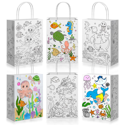 Yaomiao 24 Pcs Color Your Own Kraft Paper Tote Bags Sea Blue