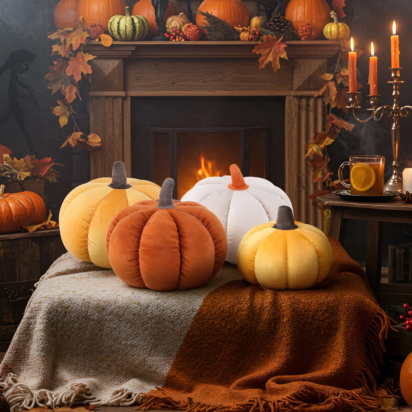Yookeer 2 Pcs Velvet 3D Pumpkin Throw Pillows White 7''+11''