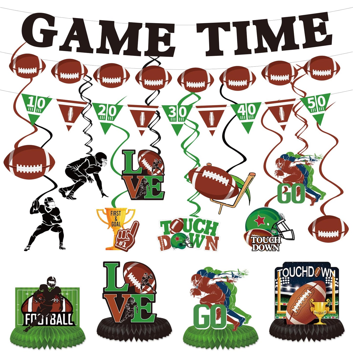 Koeilay Game Time Football Banner & Decorations Green Brown Party Supplies