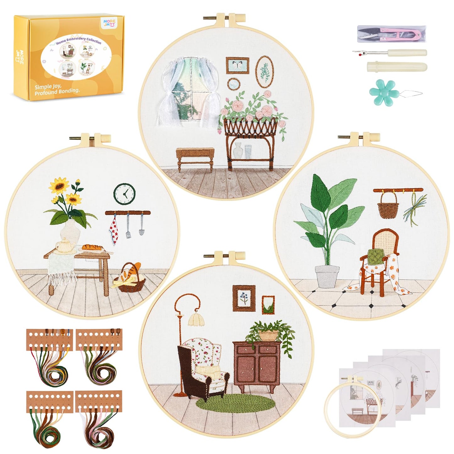 4 Pack Beginner Embroidery Kits DIY Starter Kit w Hoop Threads Tools