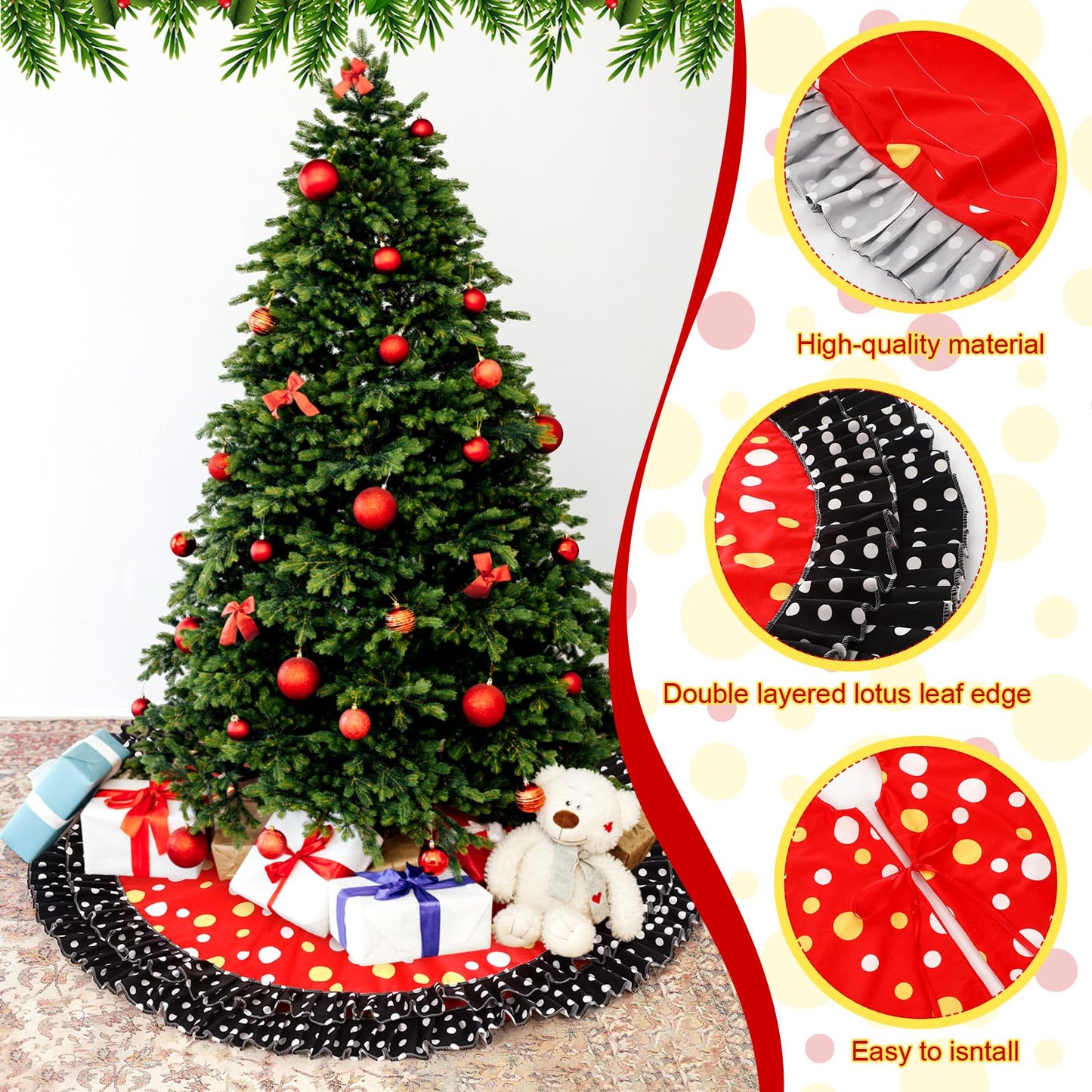 Soulchen Christmas Tree Skirt Double Layer Red Black Yellow Big Wave Point 51"