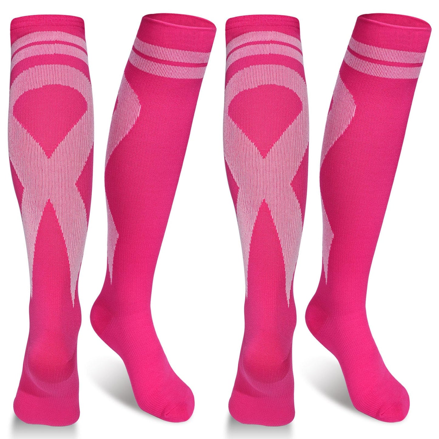 Subesty 2 Pairs Breast Cancer Awareness Compression Socks Pink Ribbon Size S/M