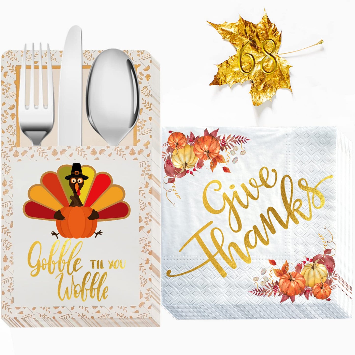 Qeqczow Thanksgiving Gold Foil Napkins & Cutlery Holders Set 68 Pcs
