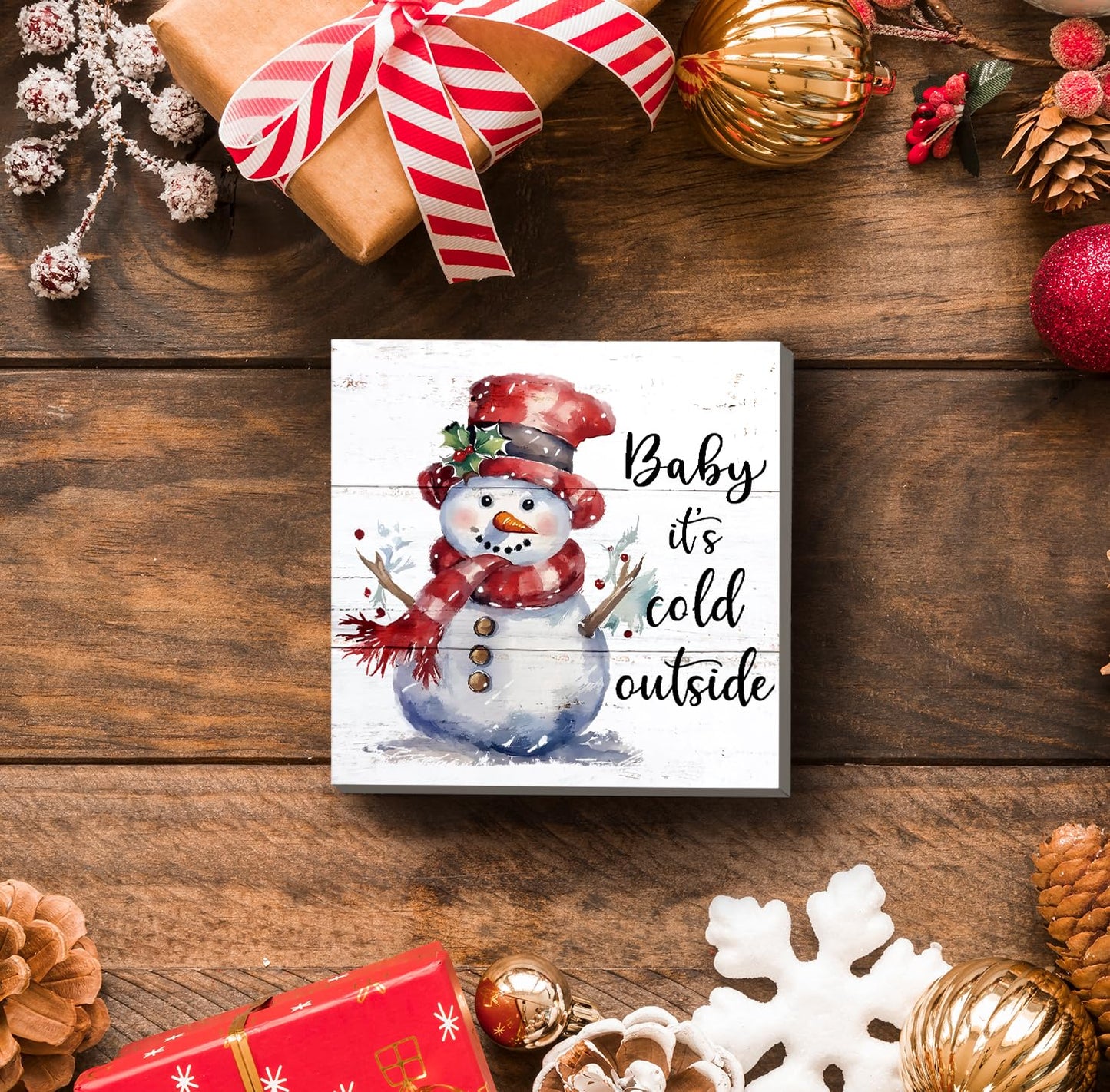 XDFVL Wooden Box Sign Baby It's Cold Outside Snowman Christmas 5x5 Inch