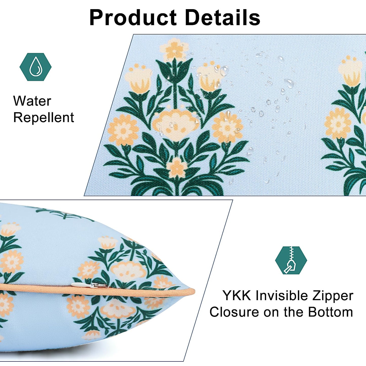 TIDEVERA Throw Pillow Cover Water Repellent Baby Blue Orange Floral 18x18