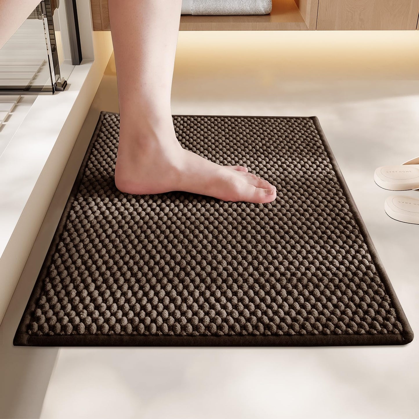 BULULOM Chenille Bathroom Rug Rubber Backing Brown 16x24 Absorbent Mat