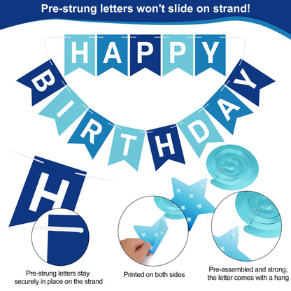 Crosize Blue Birthday Decorations Kit Pre-Strung Banner Tissue Poms Star Garland