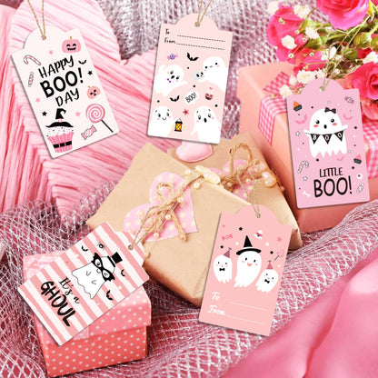 MOZUI Halloween Thank You Tags 60pcs Pink Black Ghost Pumpkin Kraft Paper
