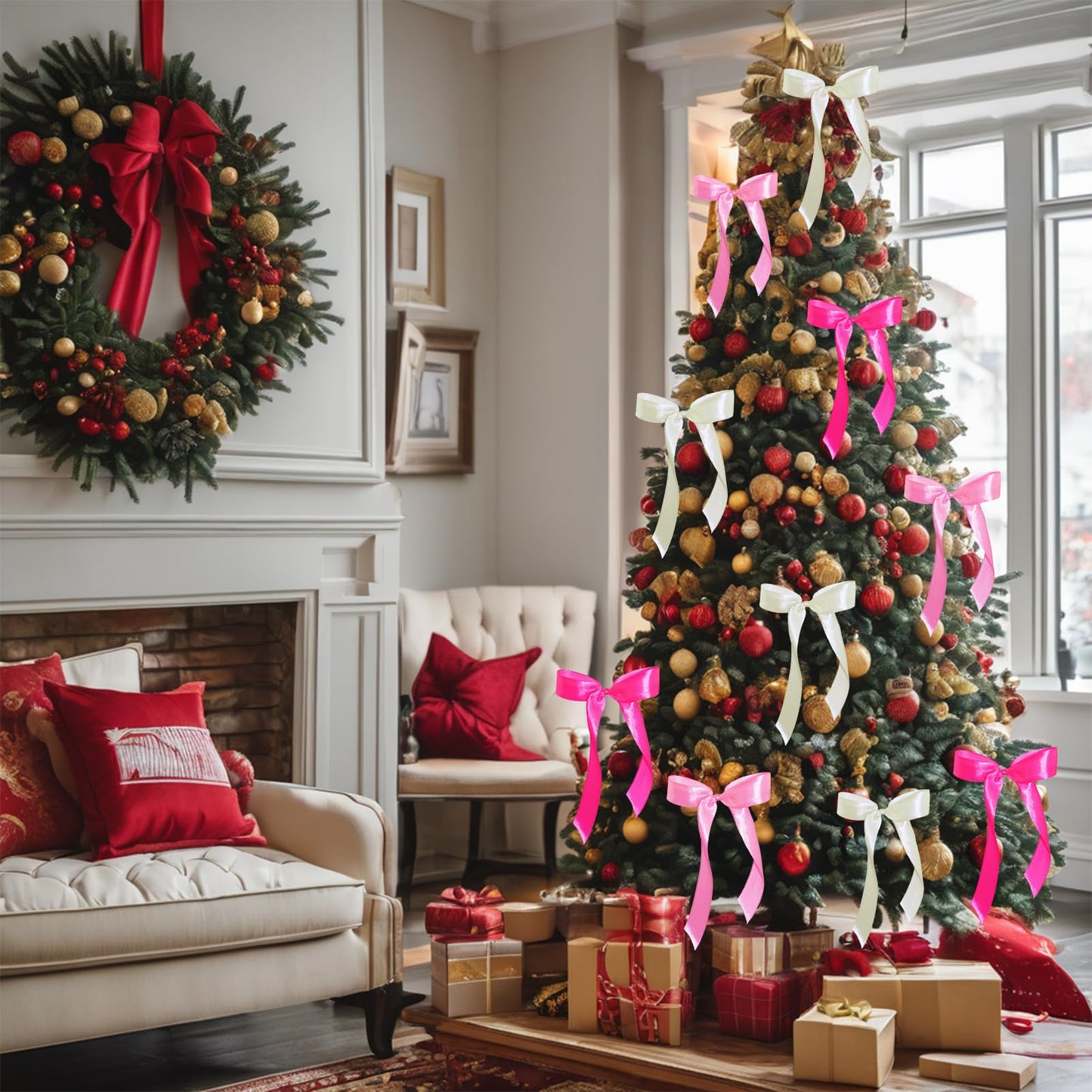 WISEgham Satin Ribbon Bows Christmas Tree Wreath Decor Pink Beige 24 Pc 8.1x9in