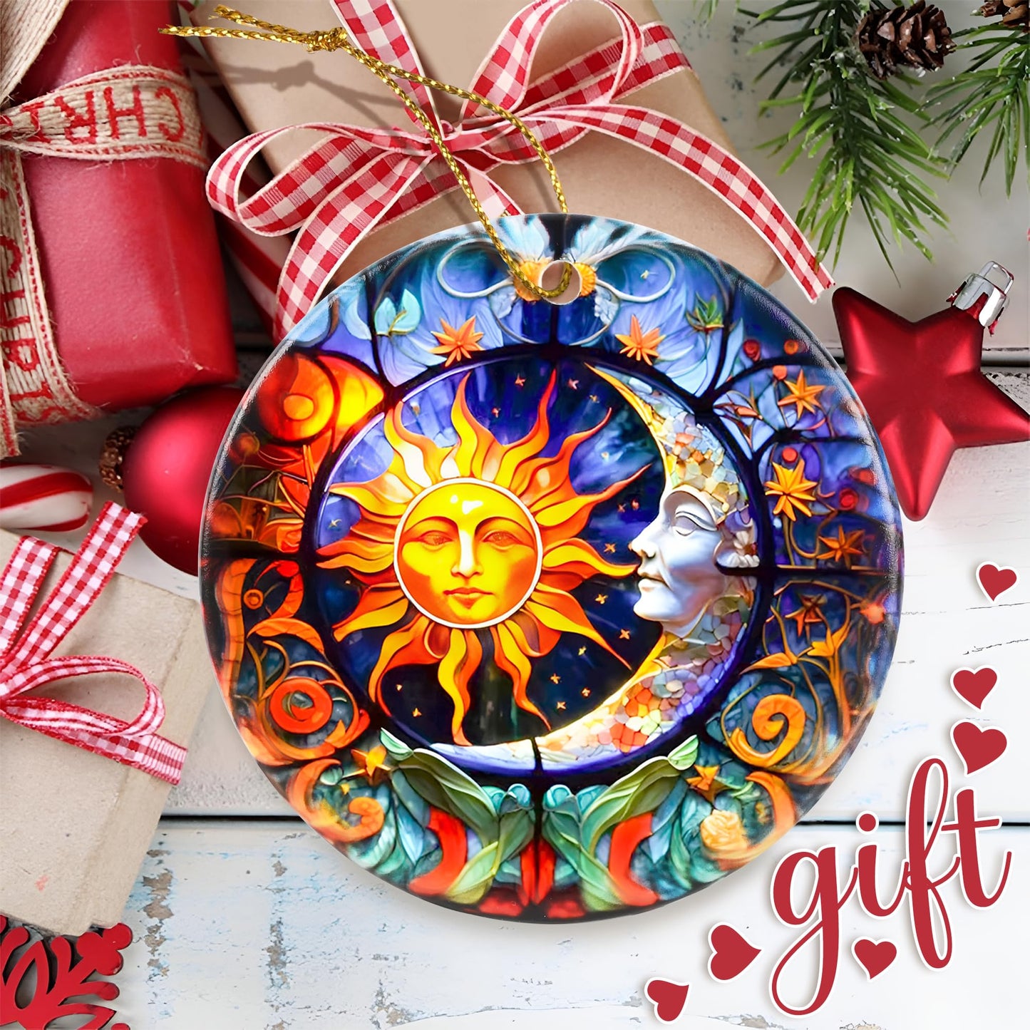 Touber Sun God Christmas Ornament Ceramic Holiday Decor Sun and Moon