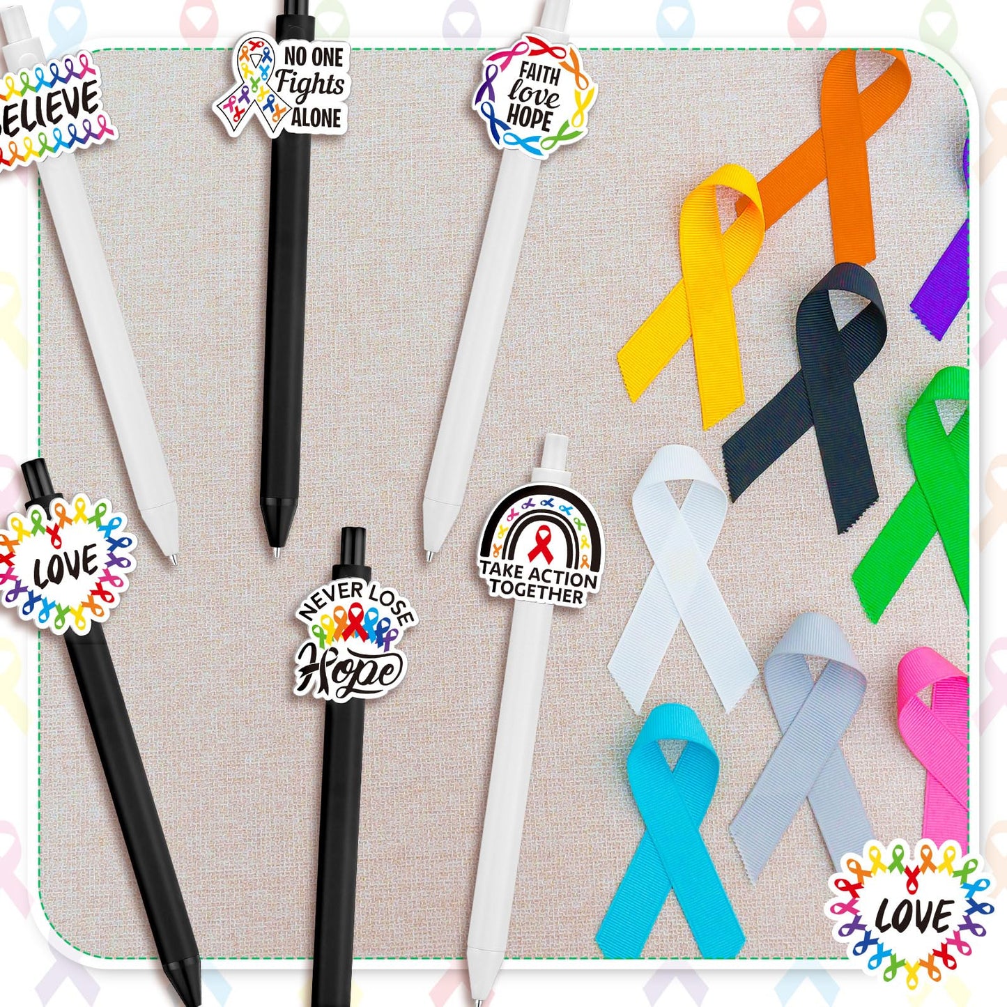 Epakh 24 Pcs Cancer Awareness Ribbon Ballpoint Pens Black Ink White Black