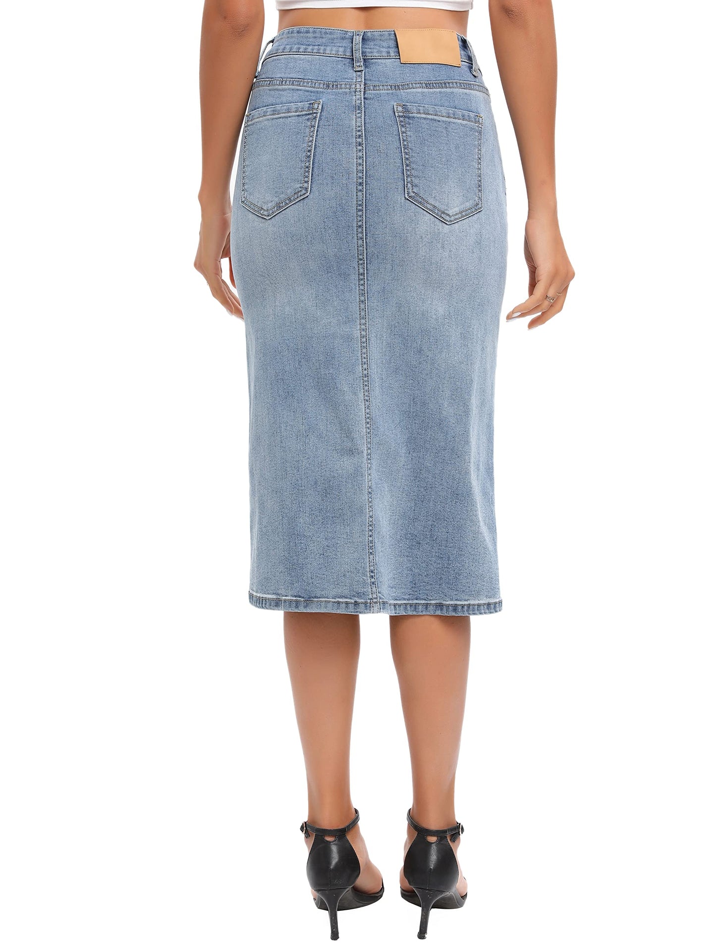ETTELO Midi Denim Skirt High Waisted Slit Casual Stretch Deep Blue Size XX-Large