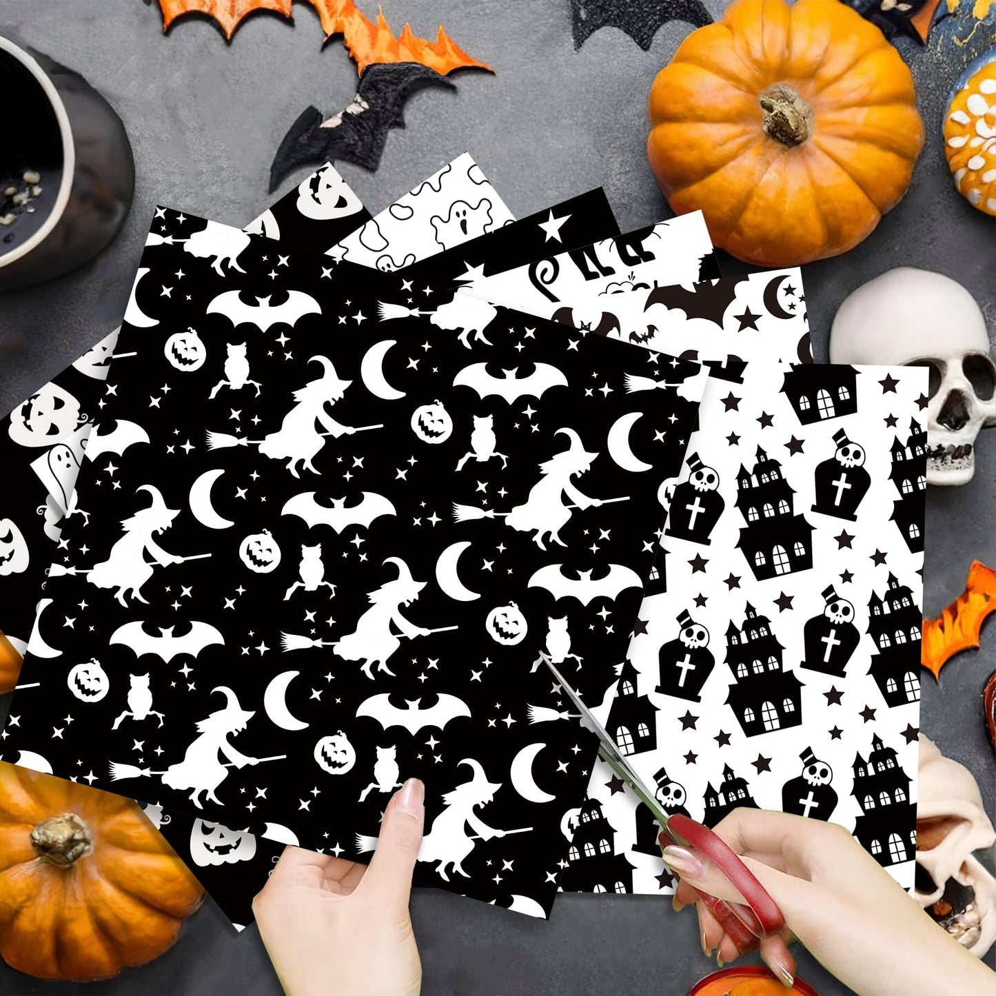 Halloween Scrapbook Paper 24 Sheets 11.8x11.8 Black & White Double-Sided