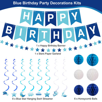 Crosize Blue Birthday Decorations Kit Pre-Strung Banner Tissue Poms Star Garland
