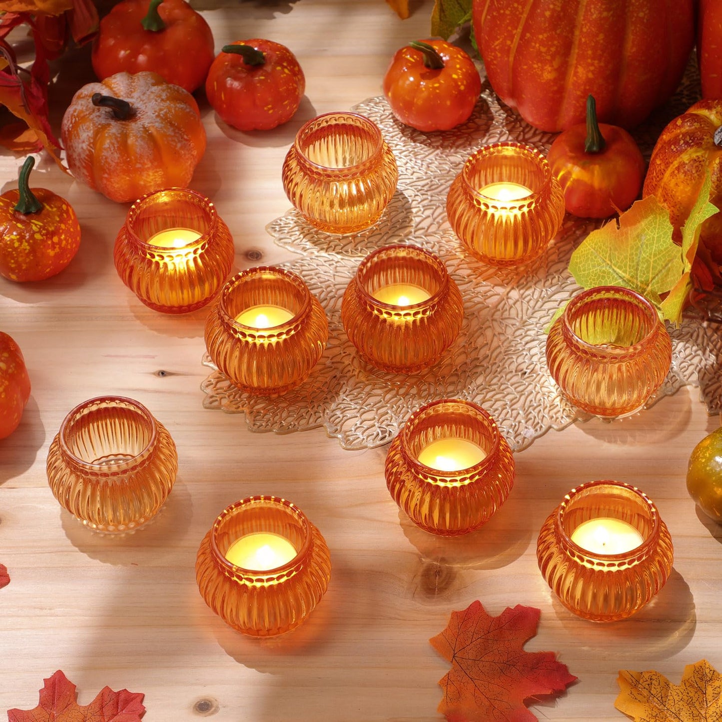 Mumufy 12 Pcs Orange Pumpkin Glass Votive Candle Holders Thanksgiving Decor